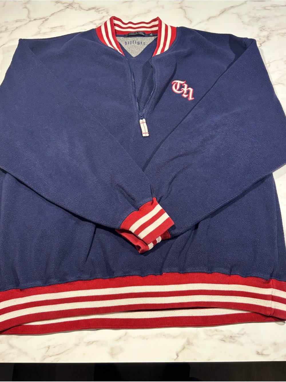 Vintage Tommy Hilfiger Navy Zip-Up Sweater with Red & White Trim